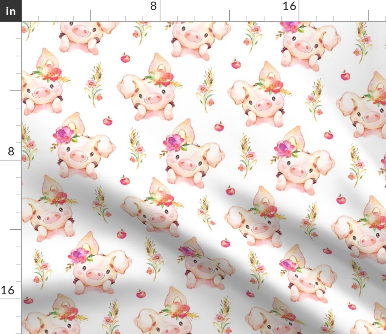 Girl Pig Flowers Apples Scale Piggy Cute Little Country Farm Girls Custom Printed Fabric by Spoonflower Various Fabrics by the Yard or Fat Quarter
